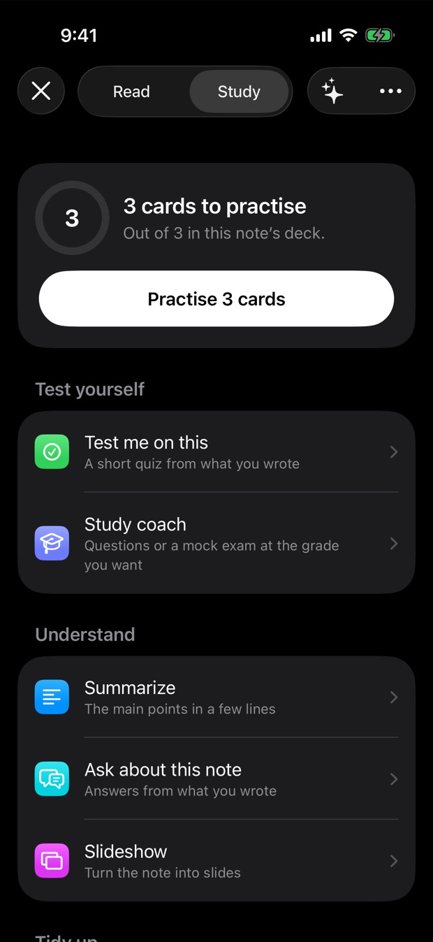 Study tools on a note: cards to practise, test me on this, study coach, summarise